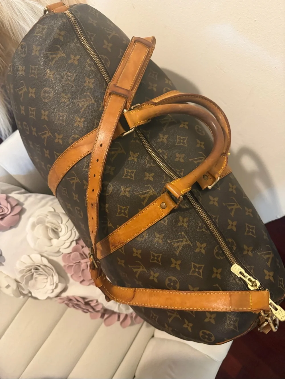 Louis Vuitton Brown Monogram Canvas Duffel with Tan Leather Handles